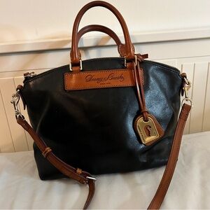 Dooney & Bourke Black Leather Satchel with Brown Trim